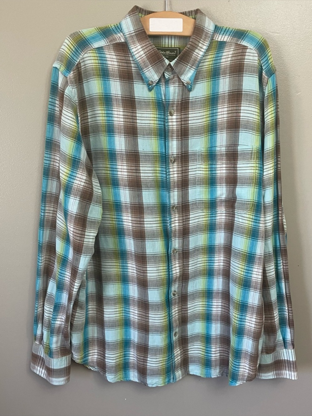 Eddie Bauer linen cotton blend colorful plaid button down shirt size Large